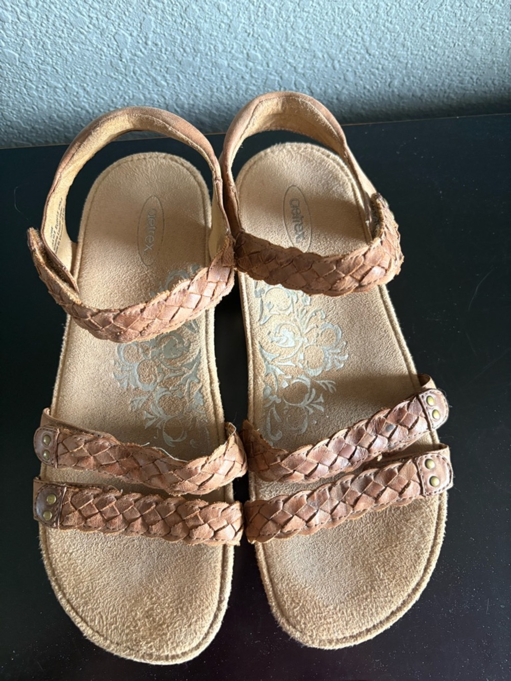 Aetrex Braided Leather Sandals in Tan Brown